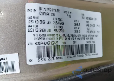 2003 Chrysler Town & Country Lx из США, поврежденный, VIN 2C4GP44L03R362622